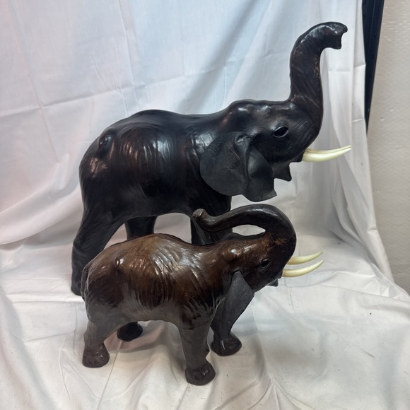 Brown Leather Good Luck Elephant Vintage Large Sculpture Lot Of 2